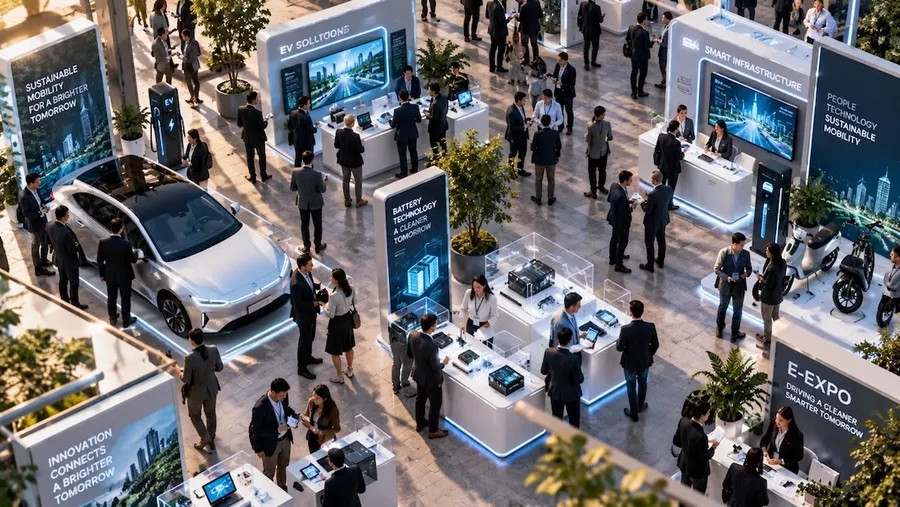 Visitors moving between EV Expo stands of electric vehicles, batteries and charging technology.