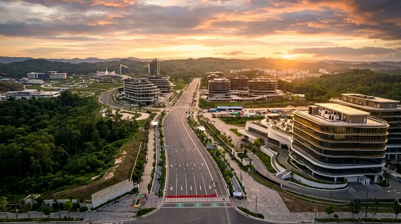 The boulevard through the government core of Ibu Kota Nusantara at sunset, with the new ministry buildings either side.
